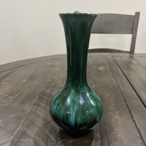Blue Mountain Canada Green and Black Drip Glaze Vase - Vintage Mid‎ Century 8.5"